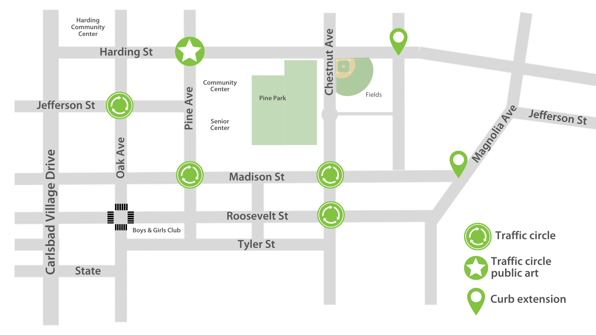 Barrio traffic circle map features