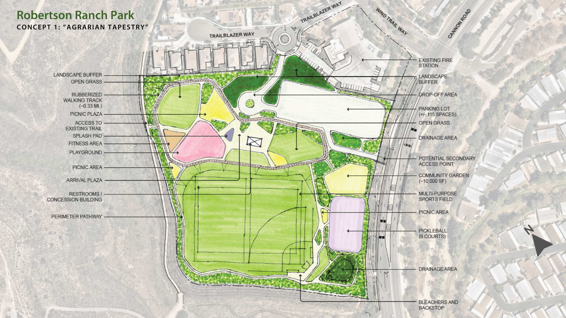 A detailed drawing shows all of the features and amenities of the Agrarian Tapestry park design concept.