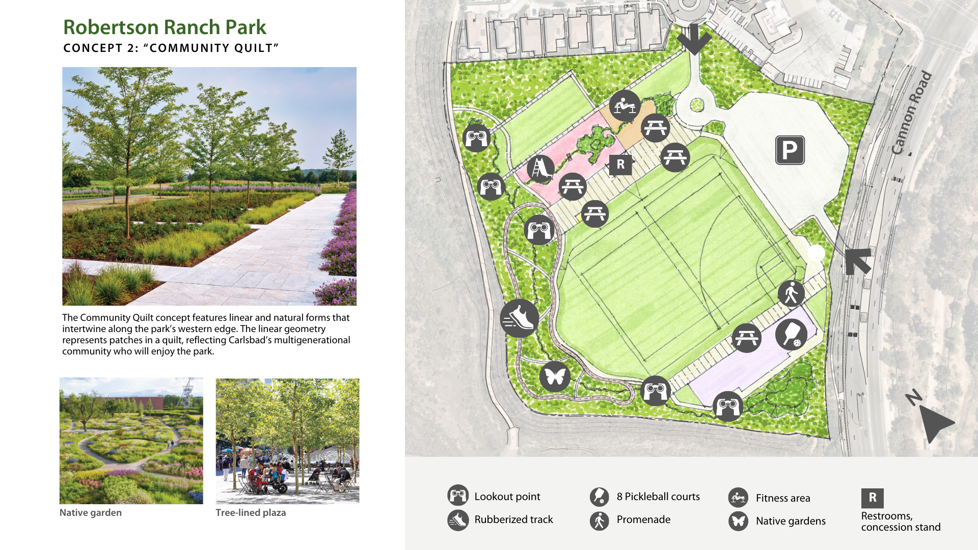 An at a glance view shows the primary features and amenities of the Community Quilt park design concept and some inspiration imagery.