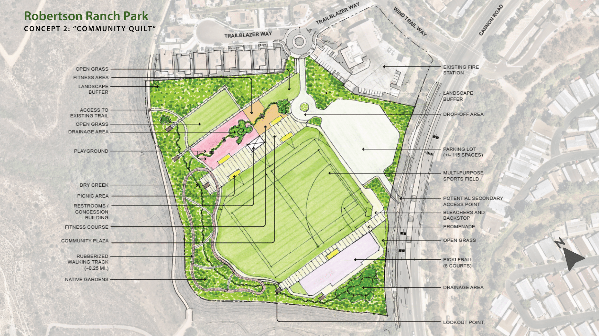 A detailed drawing shows all of the features and amenities of the Community Quilt park design concept.
