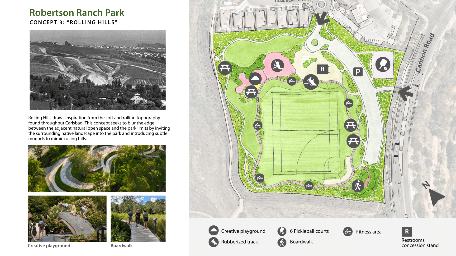 An at a glance view shows the primary features and amenities of the Rolling Hills park design concept and some inspiration imagery.