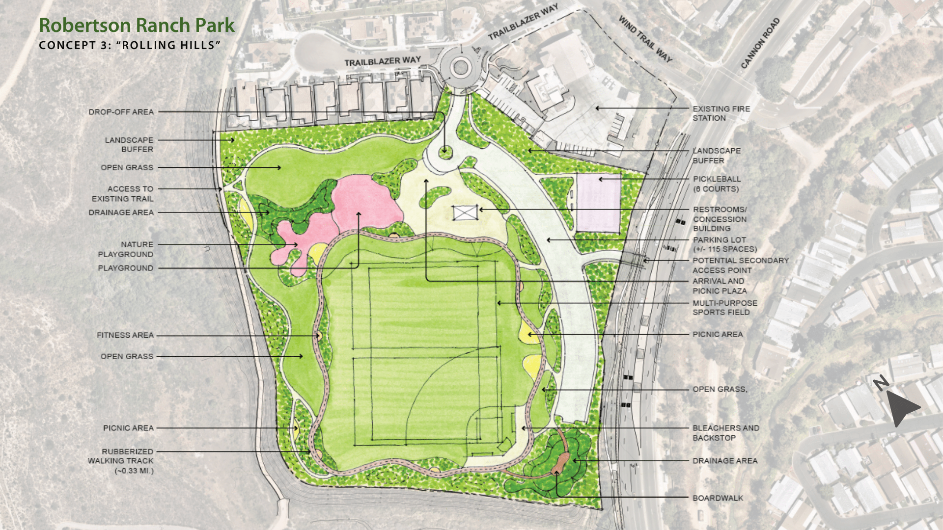 A detailed drawing shows all of the features and amenities of the Rolling Hills park design concept.
