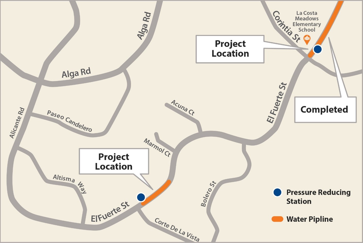 Map showing construction along El Fuerte Street near Corintia and Corte De La Vista streets